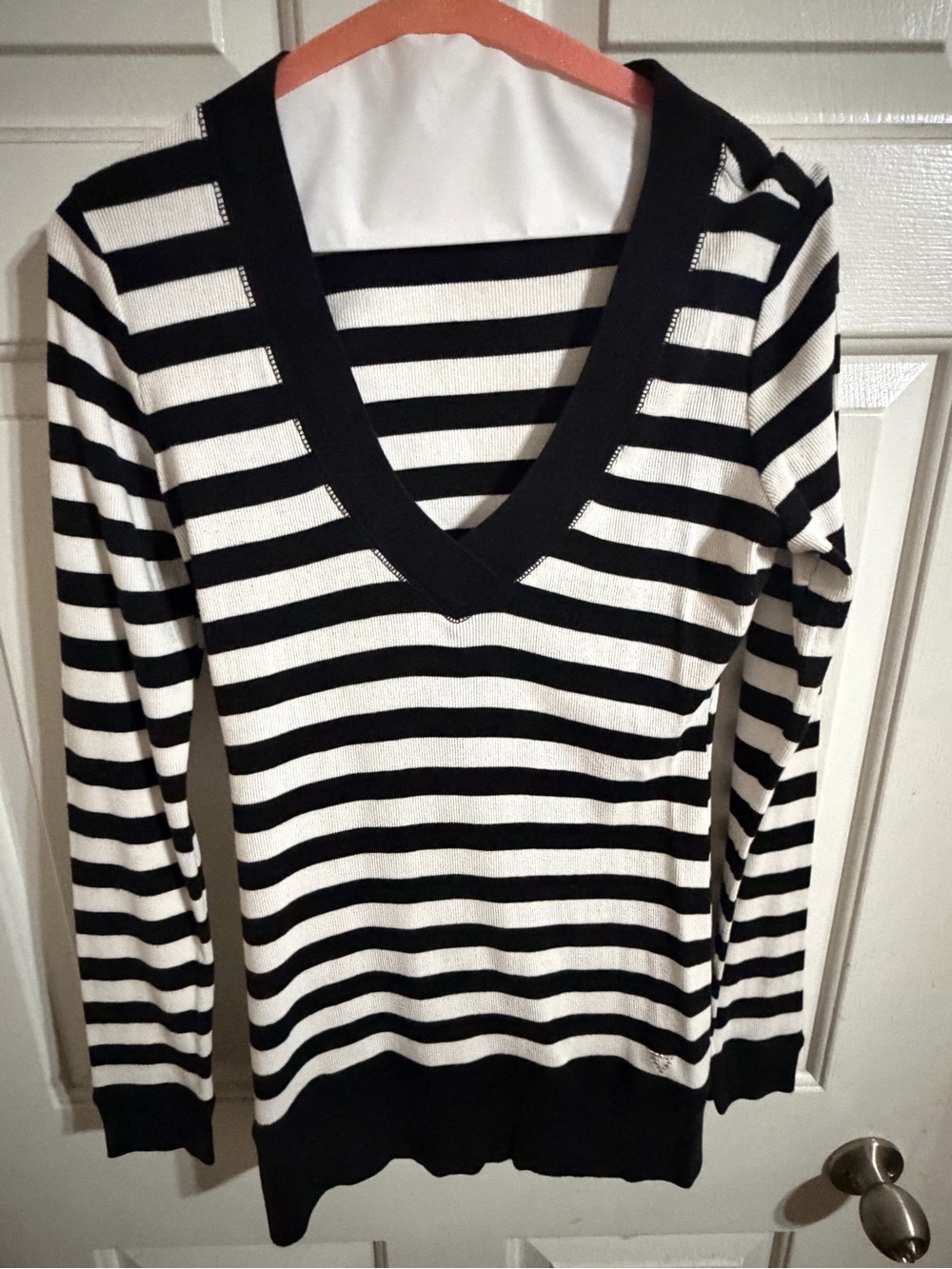 Guess Black and White Striped V-Neck Sweater